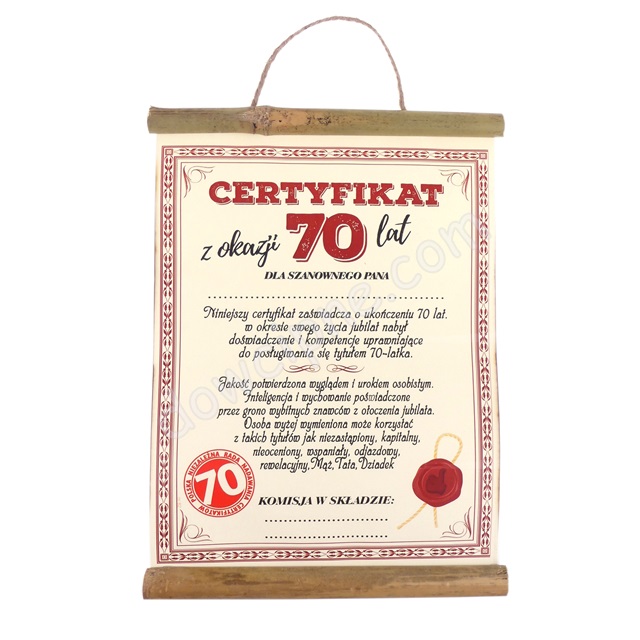 Dyplom bambus AR082- Certyfikat z okazji 70 lat (dla Pana)