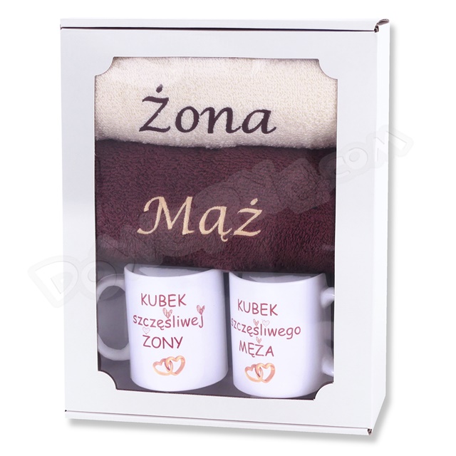 Komplet ET (Kubek 2szt. + Ręcznik 2szt.) - Kubek szczęśliwej Żony / Kubek szczęśliwego Męża