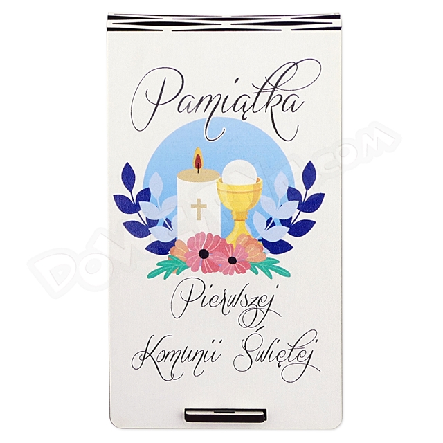Pudełko okolicznościowe 15x9 - Pamiątka Pierwszej Komunii Świętej (świeca i kielich niebieski)