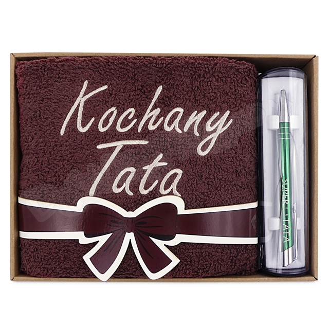 Ręcznik haft + długopis w etui - Kochany Tata