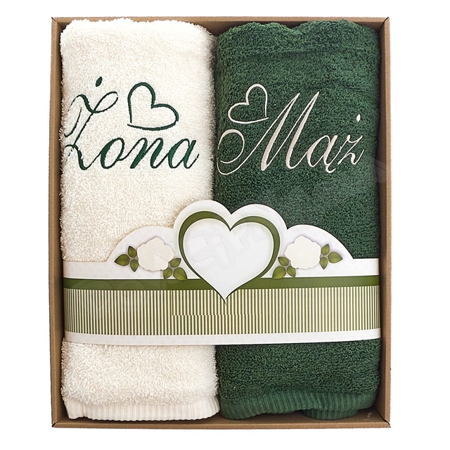 Ręczniki haftowane w pudełku 140x70 - Mąż/Żona ( ecru/zielony)