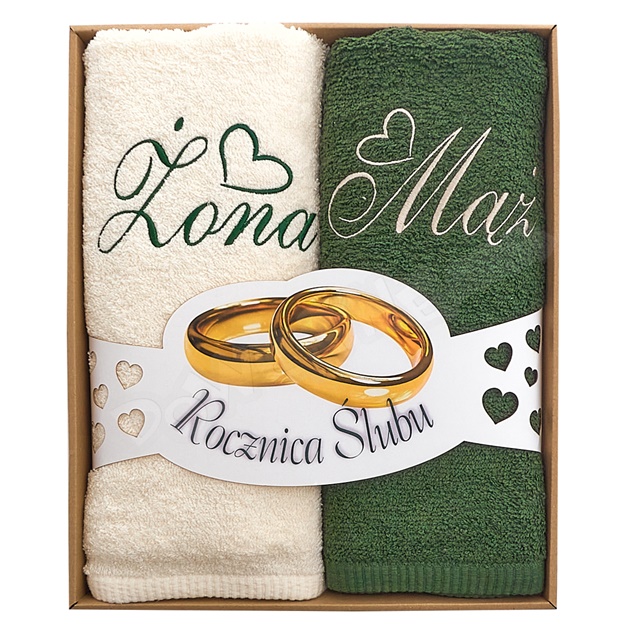 Ręczniki haftowane w pudełku 140x70 - Rocznica Ślubu (ecru/zielony)