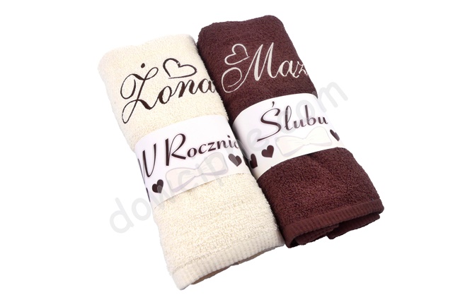 Ręcznik zestaw 2 szt. 140x70 - W rocznicę Ślubu Mąż Żona (ecru/brąz)