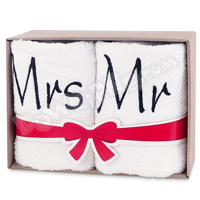 Ręczniki haftowane w pudełku 100x50 - Mrs./Mr (biały)