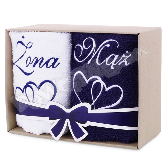 Ręczniki haftowane w pudełku 100x50 - Żona/Mąż (biały/granat)