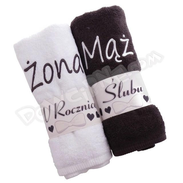 Ręcznik zestaw 2 szt. 140x70 na Rocznicę - Mąż Żona (biały/grafit)