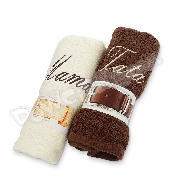Ręczniki haftowane 100x50 - Mama Tata pasek (ecru/brąz)
