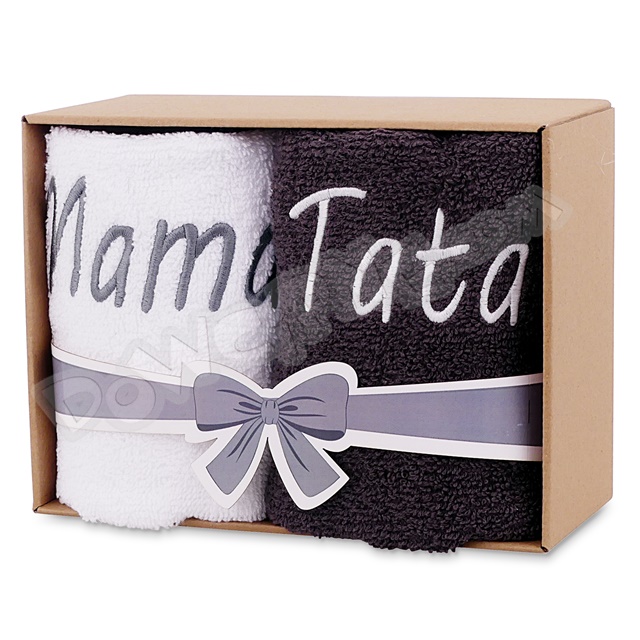 Ręczniki haftowane w pudełku 100x50 - Mama/Tata (biały/grafit)