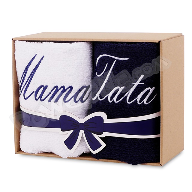 Ręczniki haftowane w pudełku 100x50 - Mama/Tata (biały/granat)