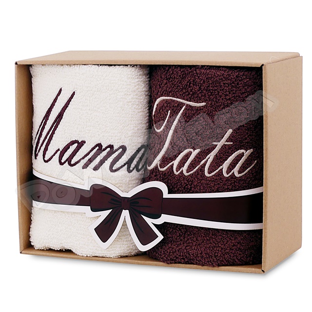 Ręczniki haftowane w pudełku 100x50 - Mama/Tata (ecru/brąz)