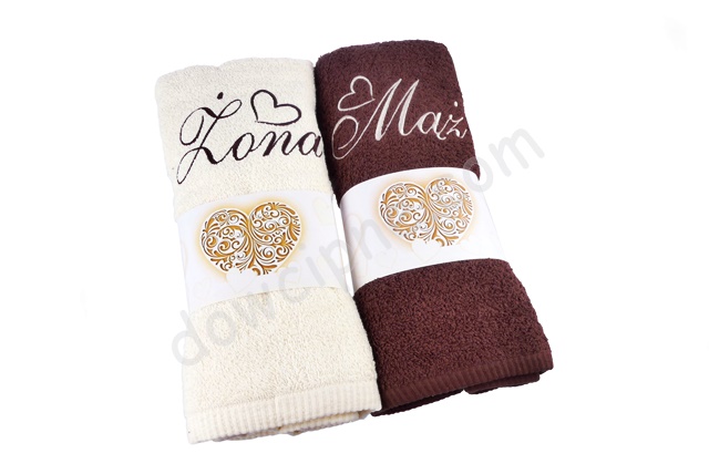 Ręczniki haftowane 140x70 - Mąż Żona (ecru/brąz)