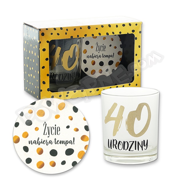 Szklanka 270 ml + podkładka ZŁOTE KROPKI zestaw  - 40 Urodziny
