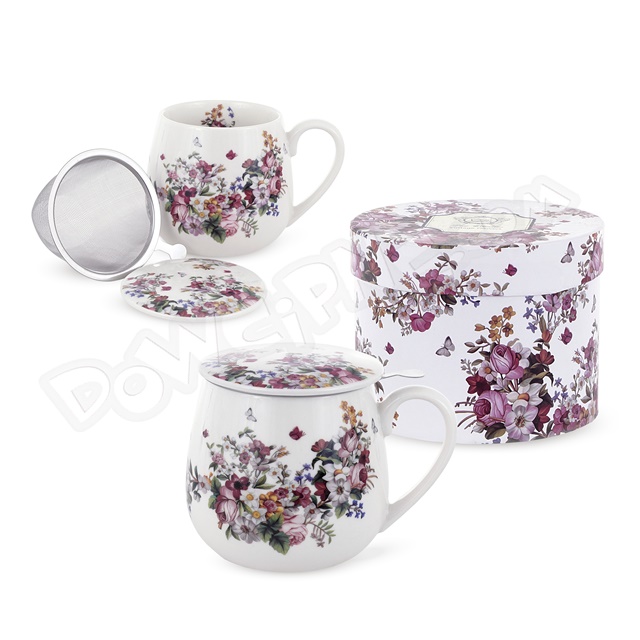 Kubek baryłka z zaparzaczem 430 ml - VINTAGE FLOWERS WHITE