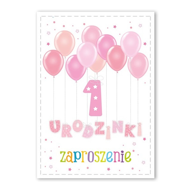Zaproszenie (10 szt.) ZX6907 - 1 urodzinki baloniki różowe