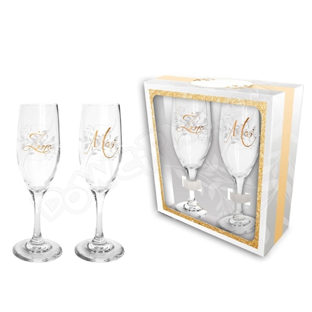 Kieliszek do szampana zestaw 2 szt. 190 ml ŚLUB 005 - Mąż/Żona (listki)