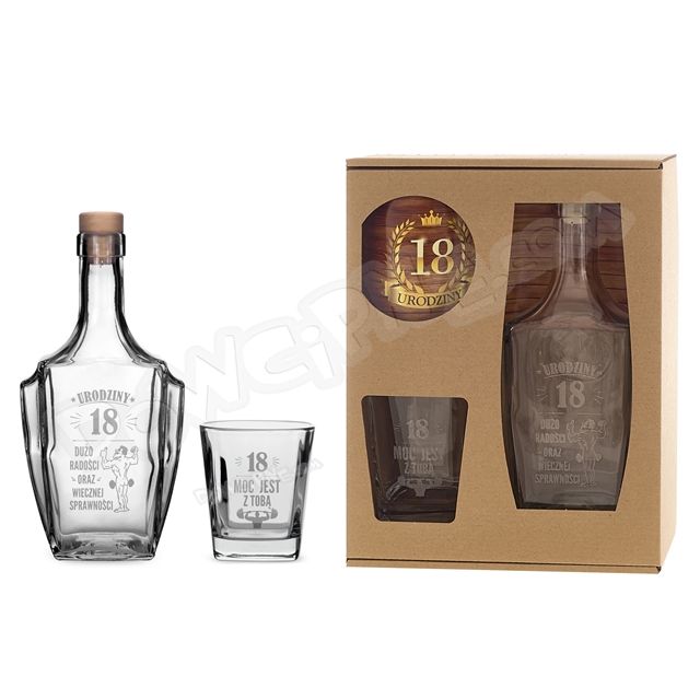 Karafka + szklanka do whisky - 18 Urodziny dużo radości oraz wiecznej sprawności
