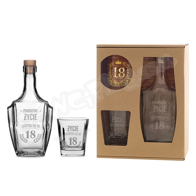 Karafka + szklanka do whisky - 18 Urodziny prawdziwe życie zaczyna się po 18