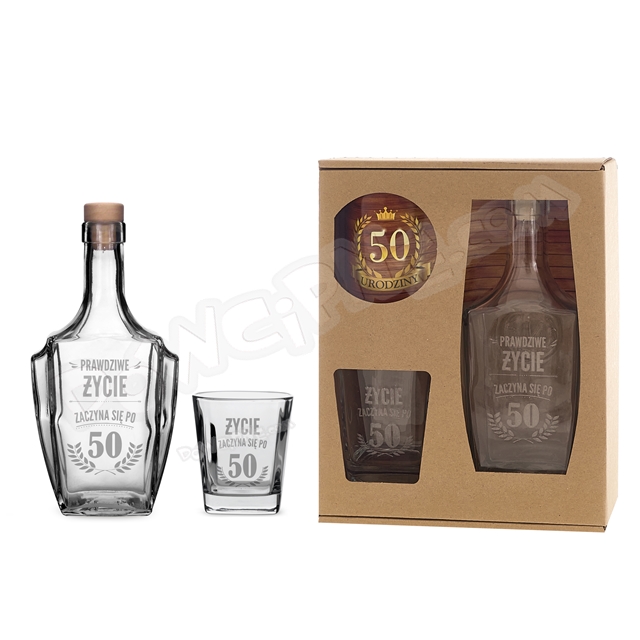 Karafka + szklanka do whisky - 50 Urodziny prawdziwe życie zaczyna się po 50