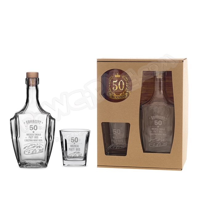 Karafka + szklanka do whisky - 50 Urodziny wrzucaj śmiało piąty bieg