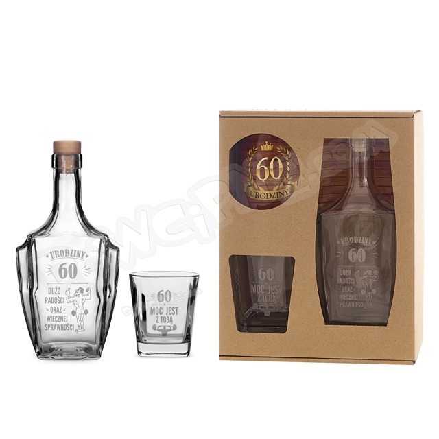 Karafka + szklanka do whisky - 60 Urodziny dużo radości oraz wiecznej sprawności