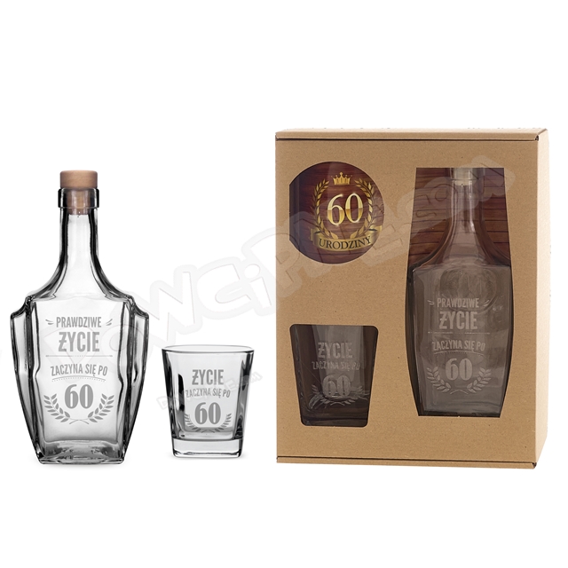 Karafka + szklanka do whisky - 60 Urodziny prawdziwe życie zaczyna się po 60