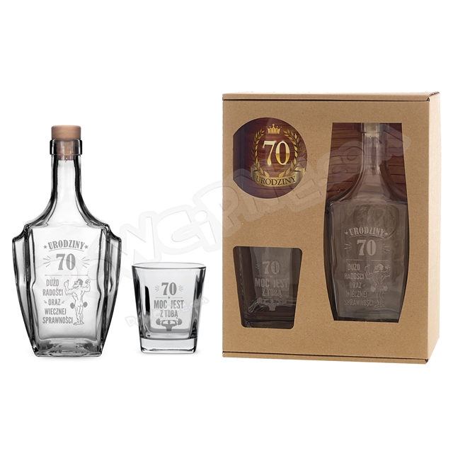Karafka + szklanka do whisky - 70 Urodziny dużo radości oraz wiecznej sprawności